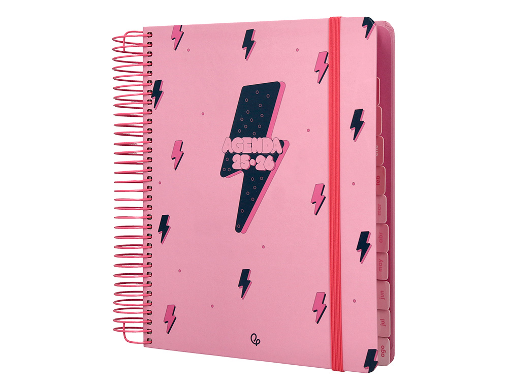 AGENDA ESCOLAR LIDERPAPEL 25-26 ESPIRAL PATTERNS RAYOS ROSA DIA PAGINA A5 BILINGE PAPEL FSC 80 GR