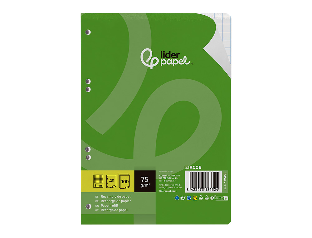 RECAMBIO LIDERPAPEL DIN A5 100 HOJAS 75 GR CUADRO 8MM CON MARGEN 6 TALADROS