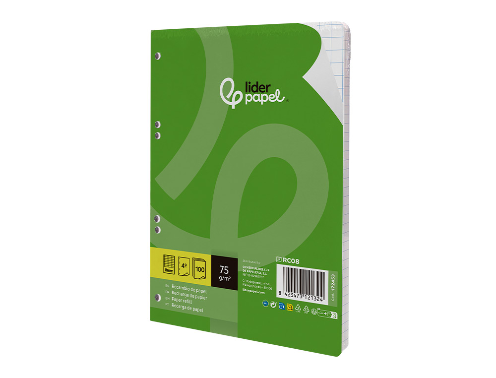 RECAMBIO LIDERPAPEL DIN A5 100 HOJAS 75 GR CUADRO 8MM CON MARGEN 6 TALADROS