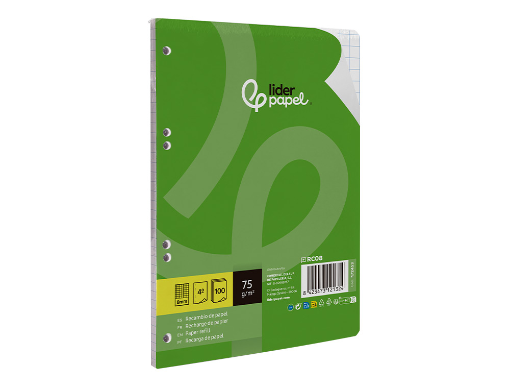RECAMBIO LIDERPAPEL DIN A5 100 HOJAS 75 GR CUADRO 8MM CON MARGEN 6 TALADROS