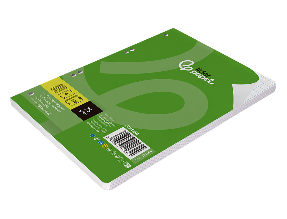 RECAMBIO LIDERPAPEL DIN A5 100 HOJAS 75 GR CUADRO 8MM CON MARGEN 6 TALADROS