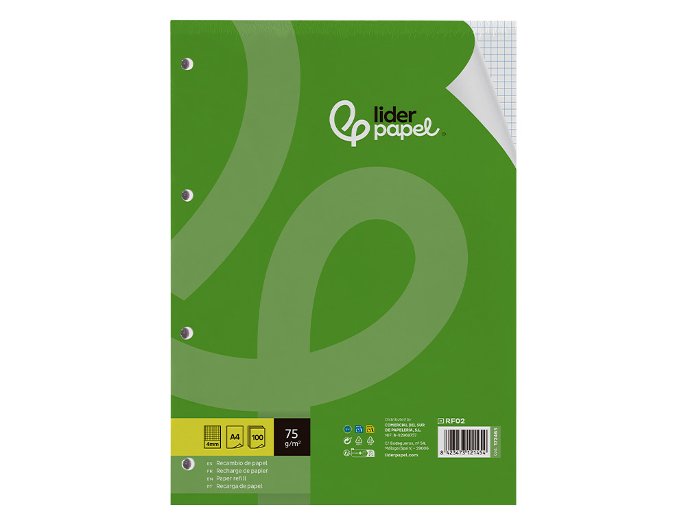RECAMBIO LIDERPAPEL A4 100 HOJAS 75GR CUADRO 4MM CON MARGEN SIN TALADROS