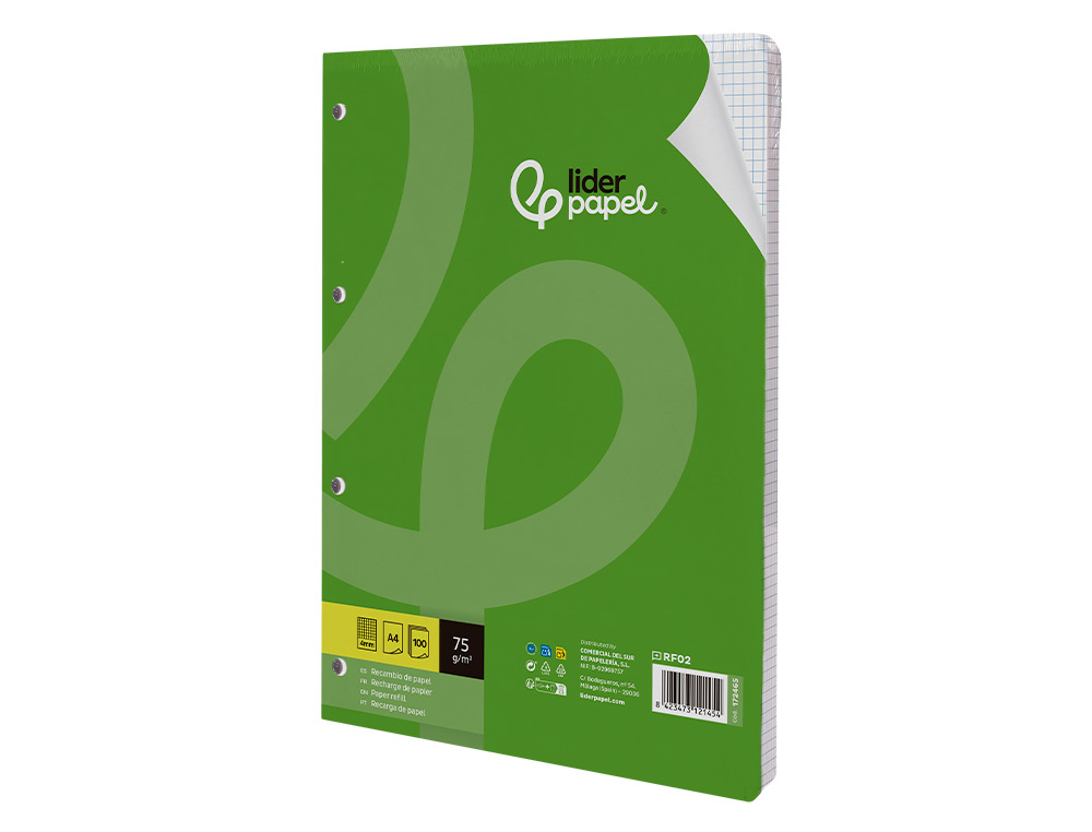 RECAMBIO LIDERPAPEL A4 100 HOJAS 75GR CUADRO 4MM CON MARGEN SIN TALADROS