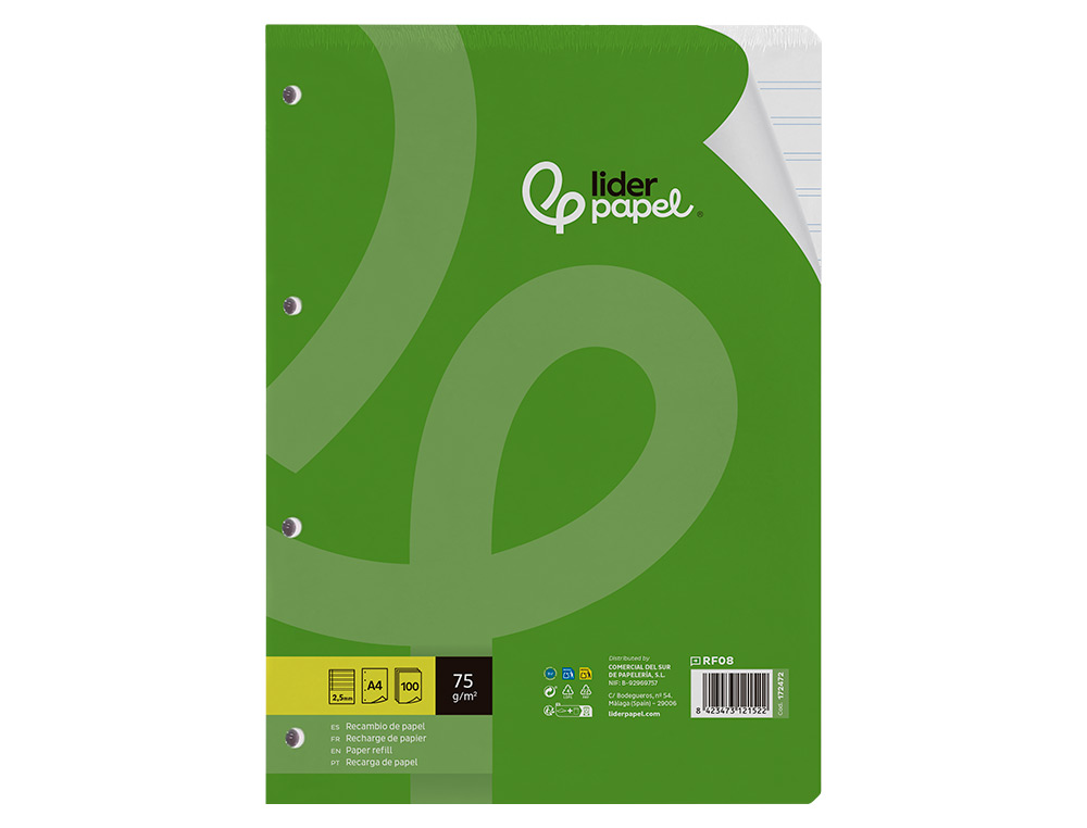 RECAMBIO LIDERPAPEL A4 100 HOJAS 75GR PAUTA 5 2.5MM CON MARGEN 4 TALADROS