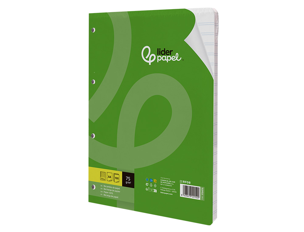 RECAMBIO LIDERPAPEL A4 100 HOJAS 75GR PAUTA 5 2.5MM CON MARGEN 4 TALADROS