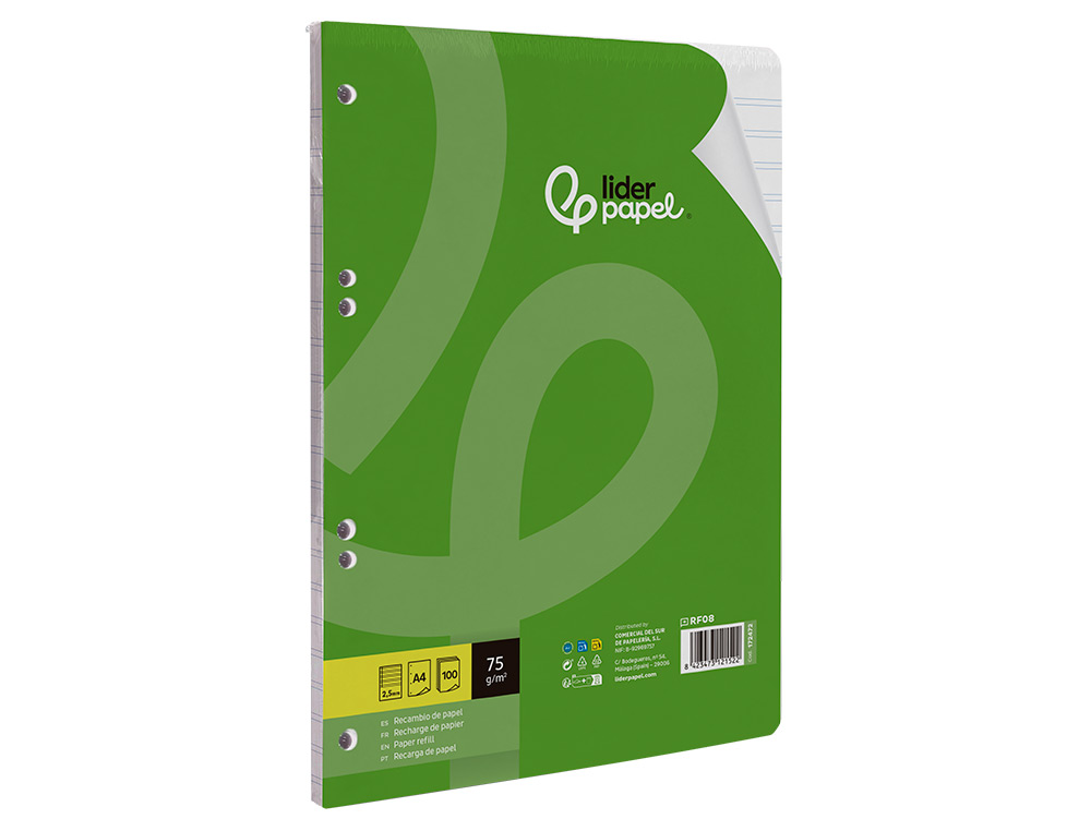 RECAMBIO LIDERPAPEL A4 100 HOJAS 75GR PAUTA 5 2.5MM CON MARGEN 4 TALADROS