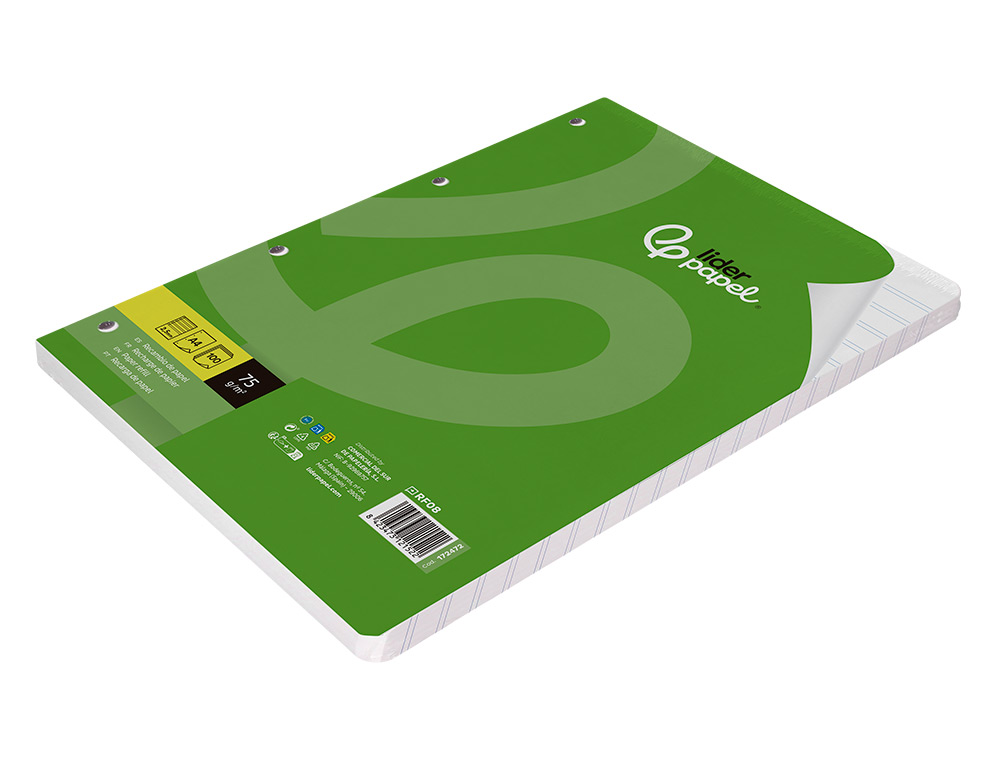RECAMBIO LIDERPAPEL A4 100 HOJAS 75GR PAUTA 5 2.5MM CON MARGEN 4 TALADROS