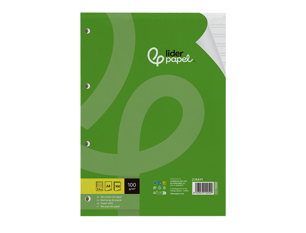 RECAMBIO LIDERPAPEL A4 100 HOJAS 100G/M2 PAUTA 3,5MM CON MARGEN 4 TALADROS