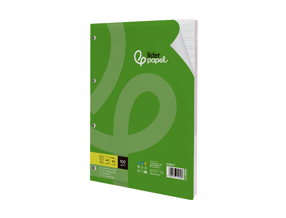 RECAMBIO LIDERPAPEL A4 100 HOJAS 100G/M2 PAUTA 3,5MM CON MARGEN 4 TALADROS