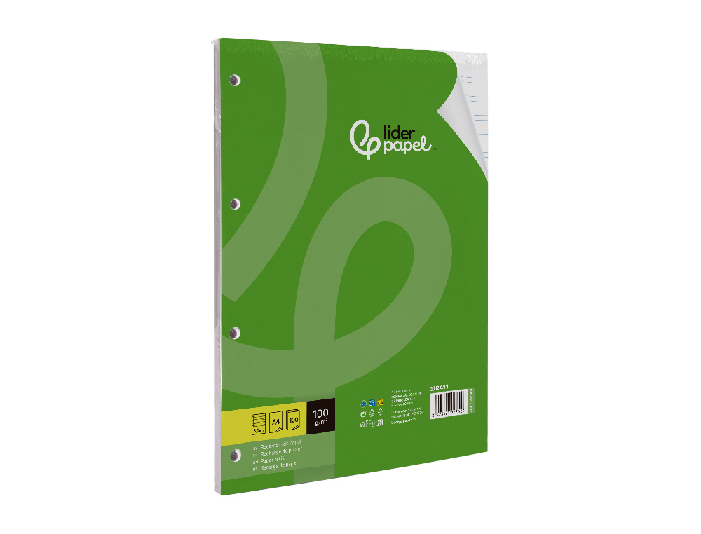 RECAMBIO LIDERPAPEL A4 100 HOJAS 100G/M2 PAUTA 3,5MM CON MARGEN 4 TALADROS