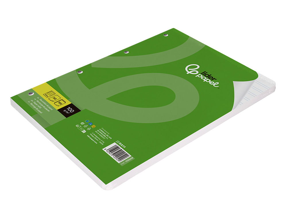 RECAMBIO LIDERPAPEL A4 100 HOJAS 100G/M2 PAUTA 3,5MM CON MARGEN 4 TALADROS