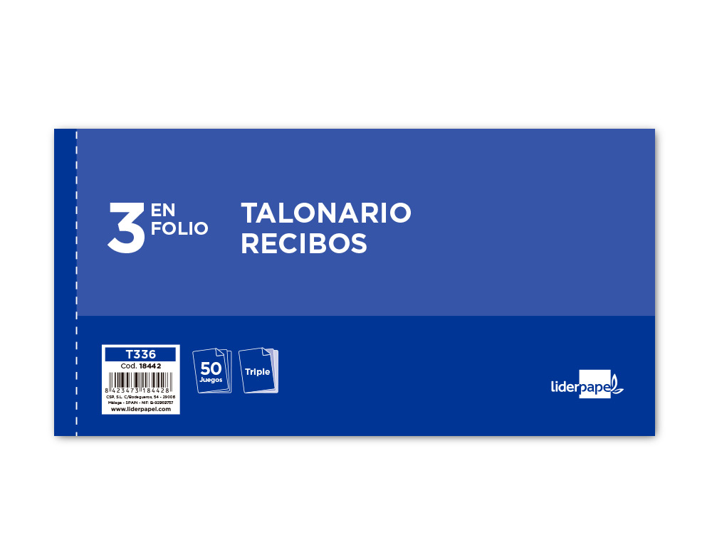 Talonario liderpapel recibos 3/fº apaisado original y 2 copias sin matriz