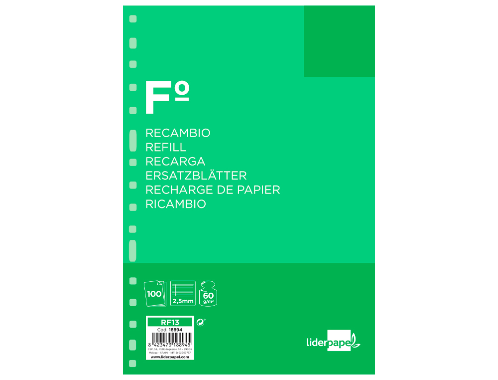 Recambio liderpapel folio 100 hojas 60g/m2 pauta 5ª 2.5mm con margen 16 taladros