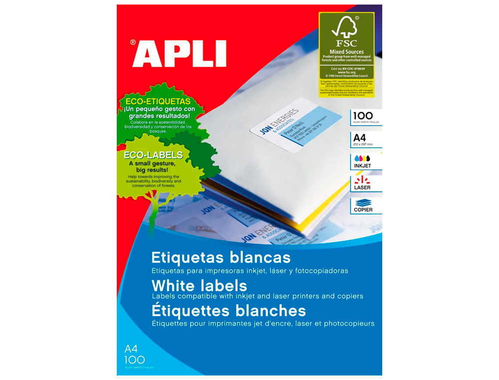 Etiqueta adhesiva apli 1263 tamaño 64,6x33,8 mm fotocopiadora laser ink-jet caja con 100 hojas din a