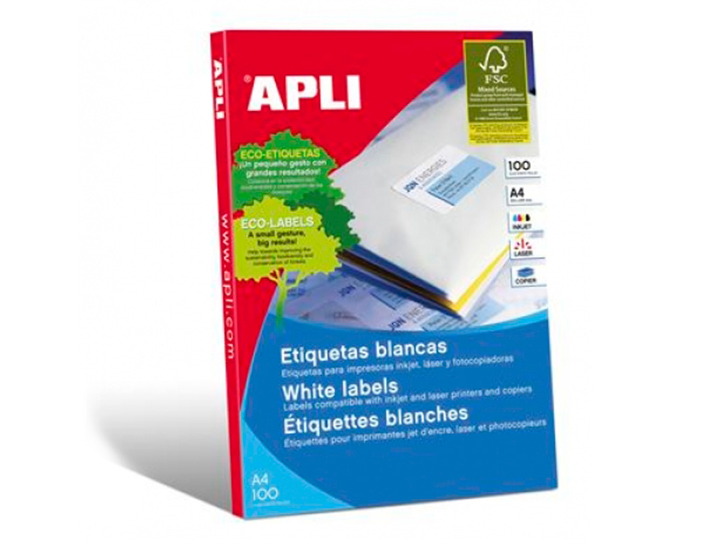 ETIQUETA ADHESIVA APLI 1281 TAMAO 210X297 MM FOTOCOPIADORA LASER INK-JET CAJA CON 100 HOJAS DIN A4