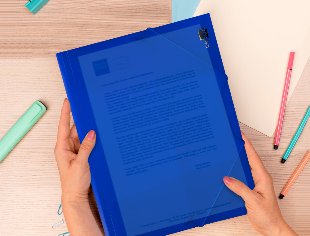 CARPETA LIDERPAPEL GOMAS SOLAPAS 34962 POLIPROPILENO DIN A4 AZUL TRANSLUCIDO