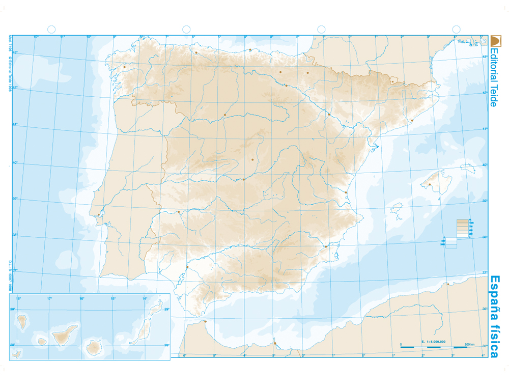 Mapa mudo b/n din a4 españa fisico