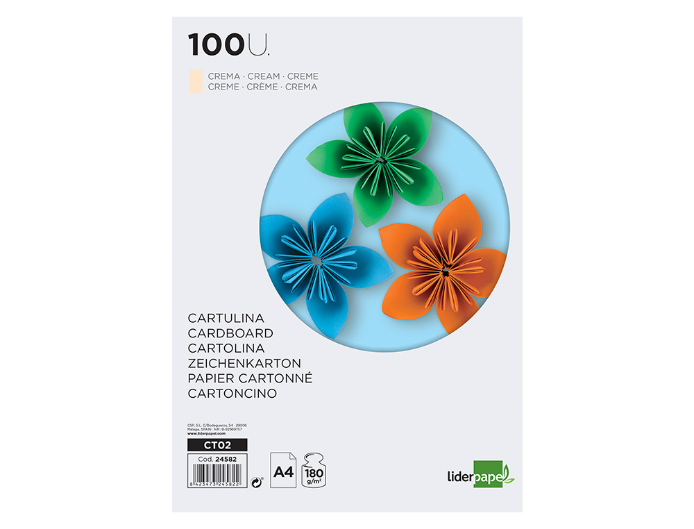 Cartulina liderpapel a4 180g/m2 crema paquete de 100 hojas