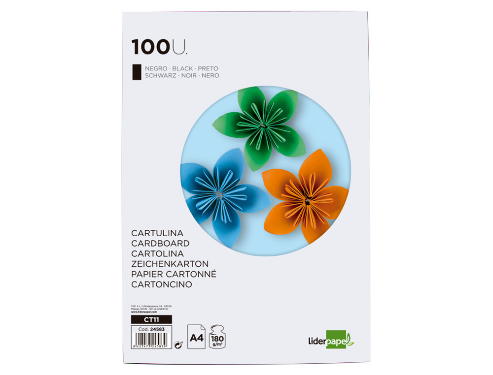 Cartulina liderpapel a4 180g/m2 negro paquete de 100 hojas