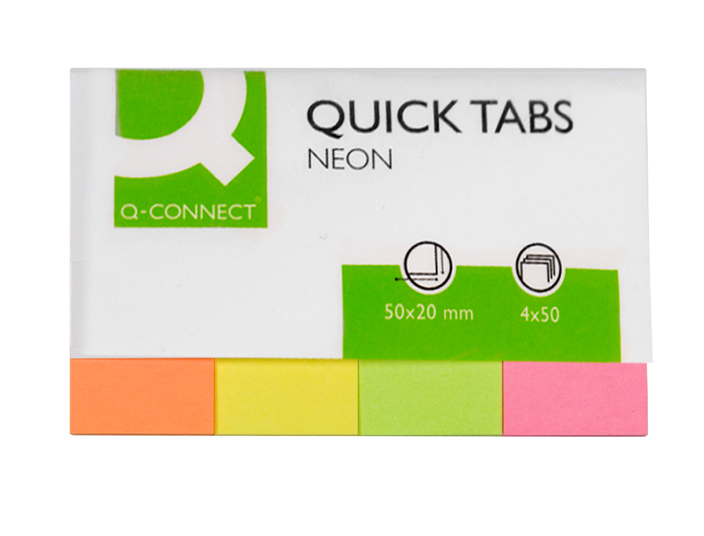 BANDERITAS SEPARADORAS Q-CONNECT 20X50 MM FLUORESCENTE PACK DE 4 CON 50 HOJAS