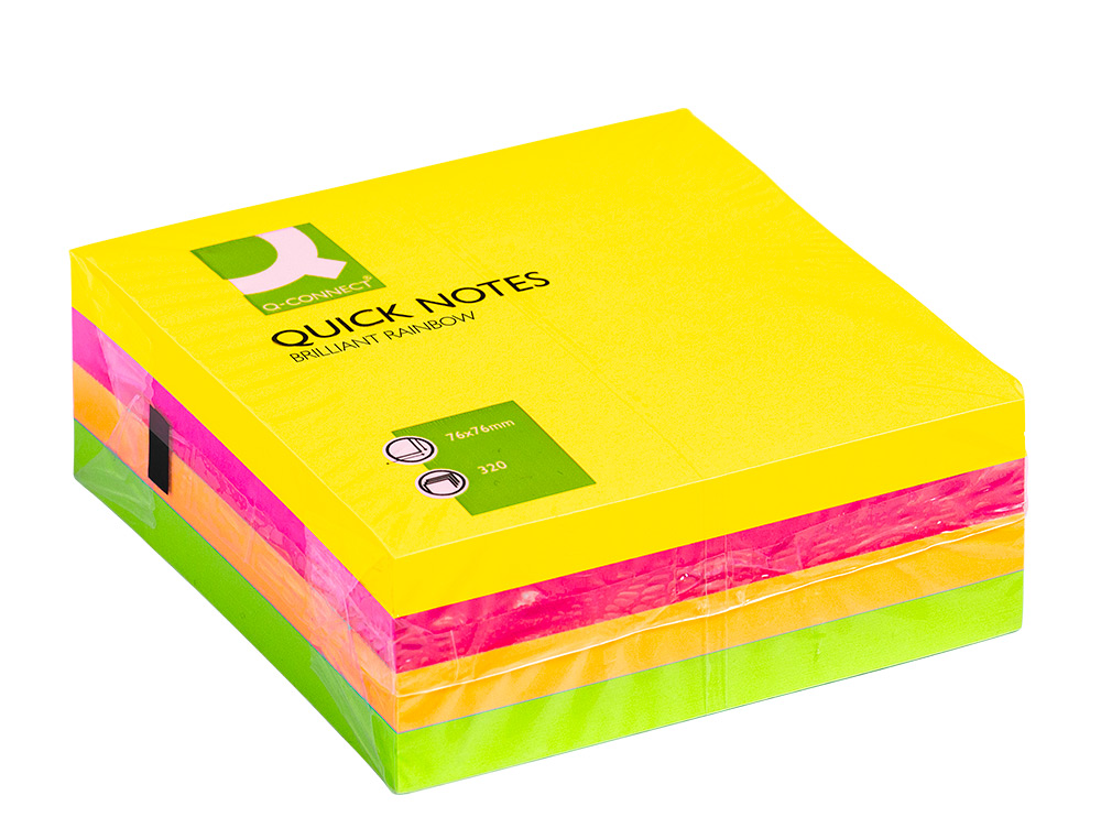 Bloc de notas adhesivas quita y pon q-connect 76x76 mm fluorescente con 320 hojas