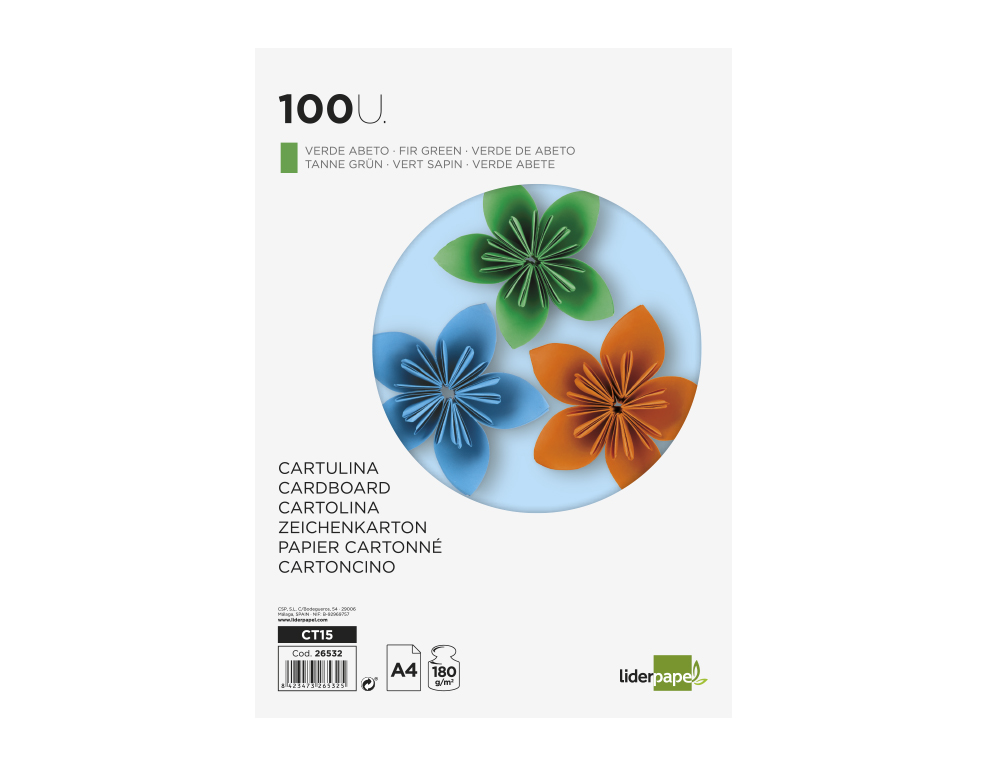 Cartulina liderpapel a4 180g/m2 verde abeto paquete de100 hojas