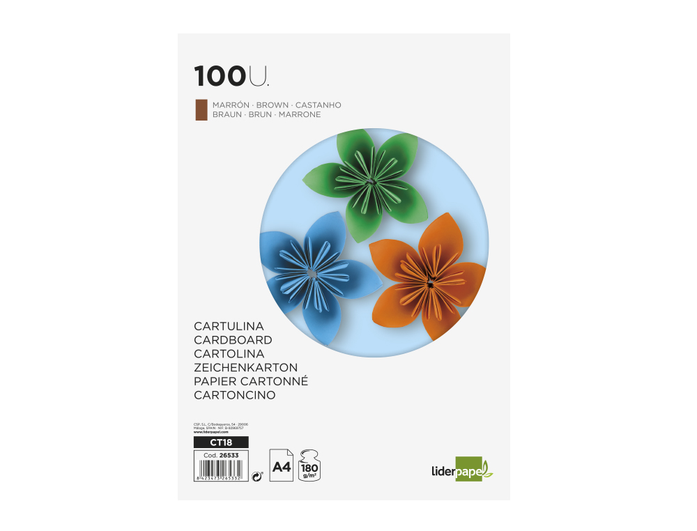 Cartulina liderpapel a4 180g/m2 marron paquete de 100 hojas