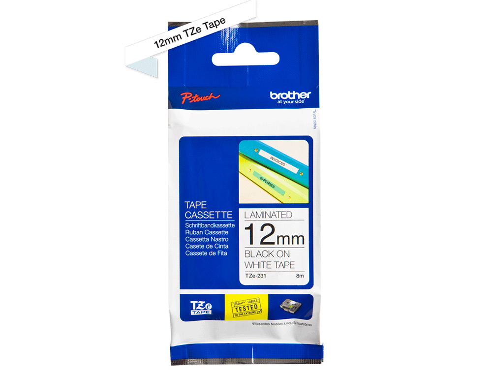 Cinta brother tze-231 blanco-negro 12mm longitud 8 mt