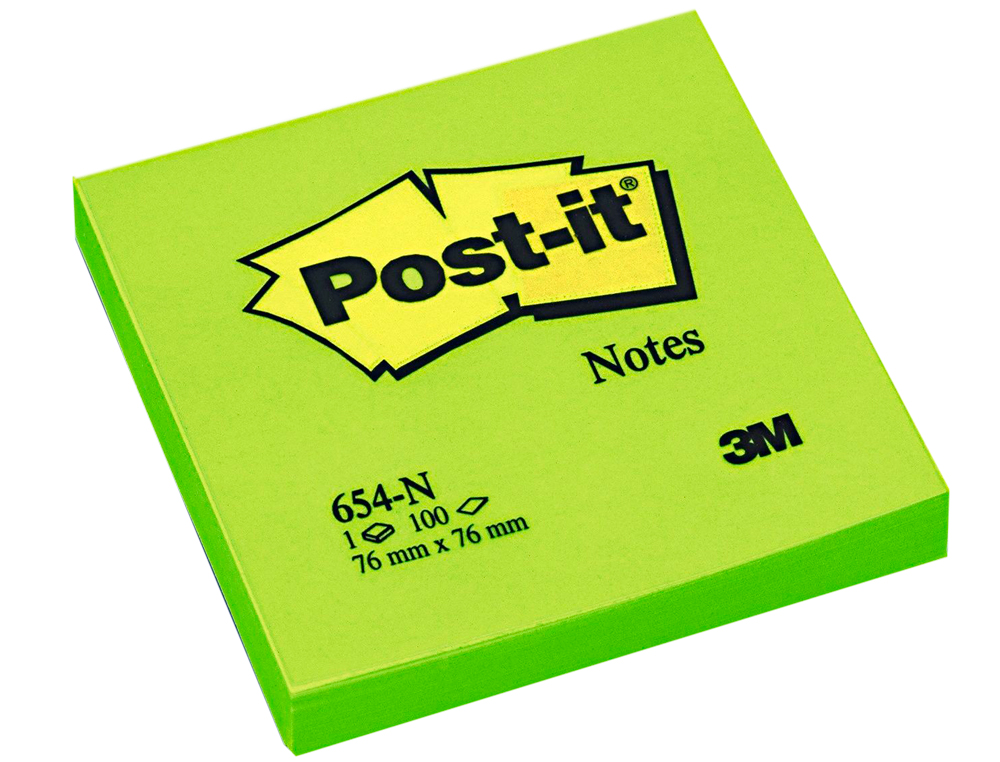 Bloc de notas adhesivas quita y pon post-it 76x76 mm verde neon con 100 hojas