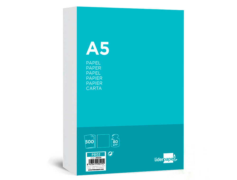 Papel liderpapel a5 80g/m2 liso paquete de 500 hojas