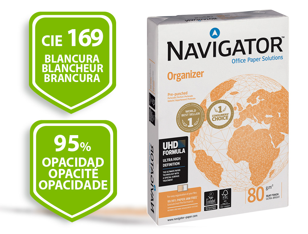 Papel fotocopiadora navigator din a4 80 gramos 4 taladros papel multiuso ink-jet y laserpaquete de 500 hojas