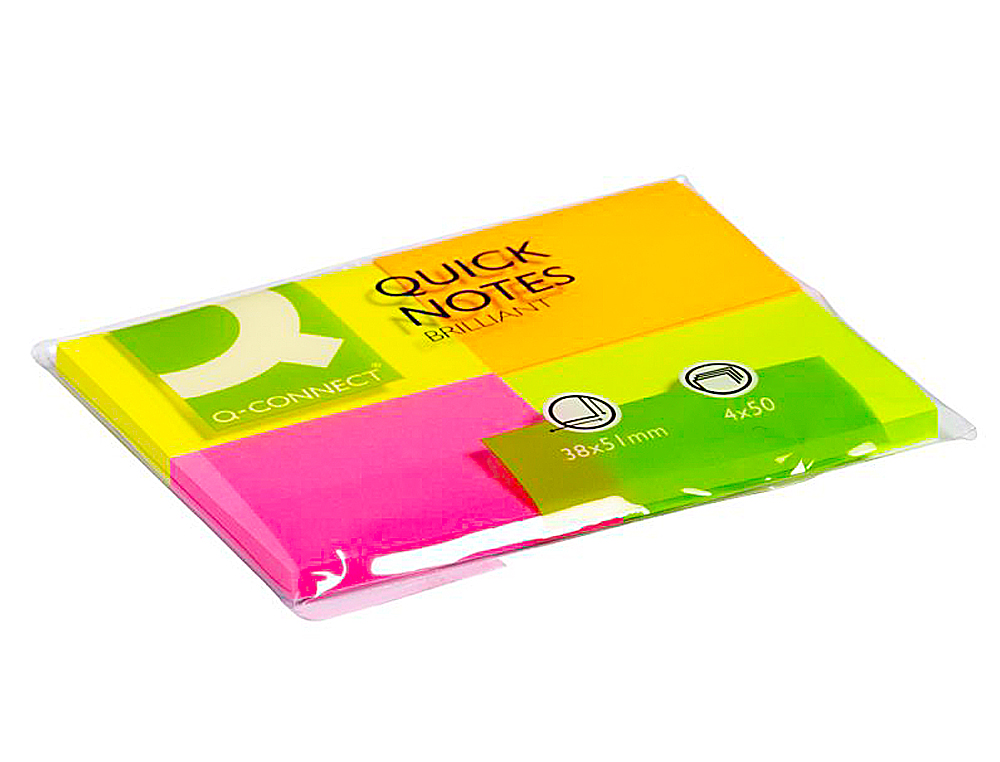 Bloc de notas adhesivas quita y pon q-connect 38x51 mm con 50 hojas fluorescentes pack de 4 unidades