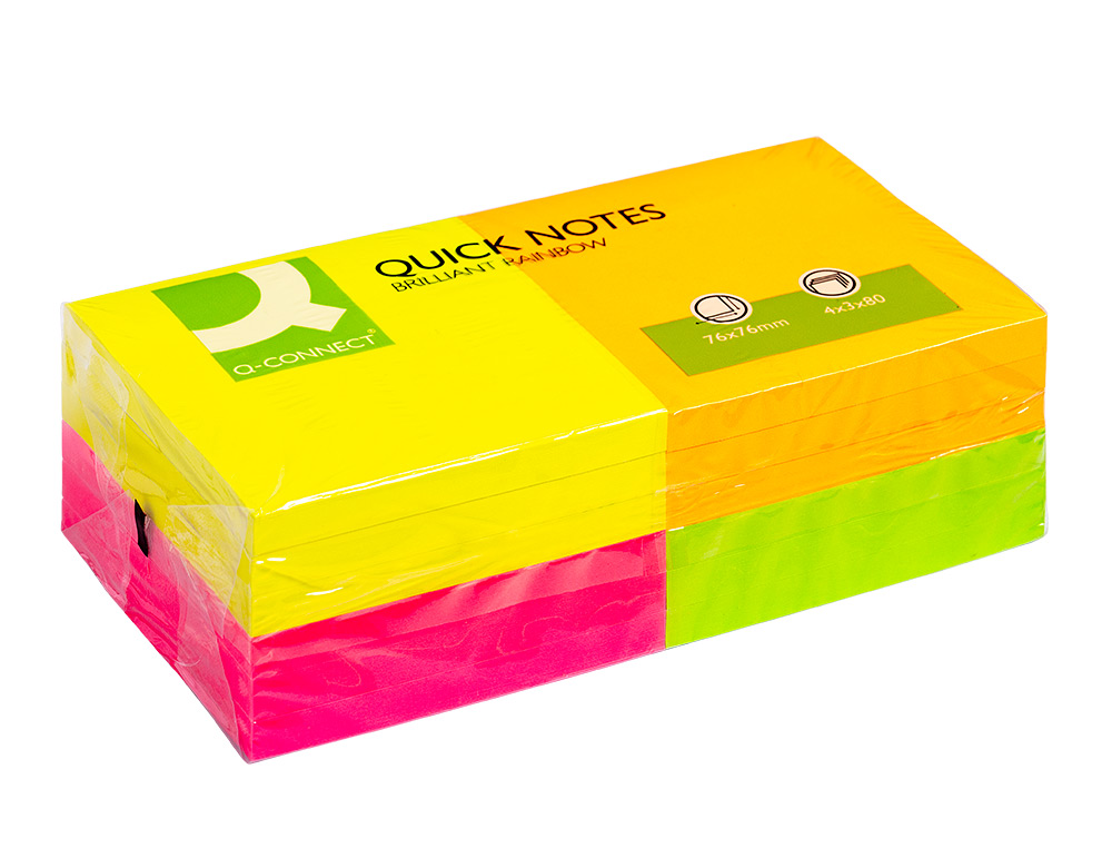 BLOC DE NOTAS ADHESIVAS QUITA Y PON Q-CONNECT 76X76 MM CON 80 HOJAS FLUORESCENTES PACK DE 12 SURTIDAS EN 4 COLORES