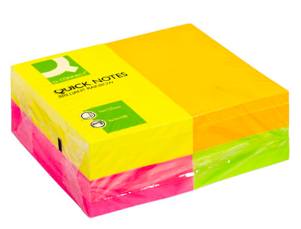 Bloc de notas adhesivas quita y pon q-connect 127x76 mm con 100hojas fluorescentes pack de 12 -surtidas en 4 colores