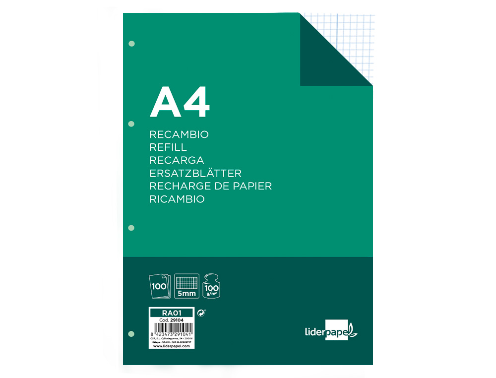 Recambio liderpapel a4 100 hojas 100g/m2 cuadro 5mm con margen 4 taladros