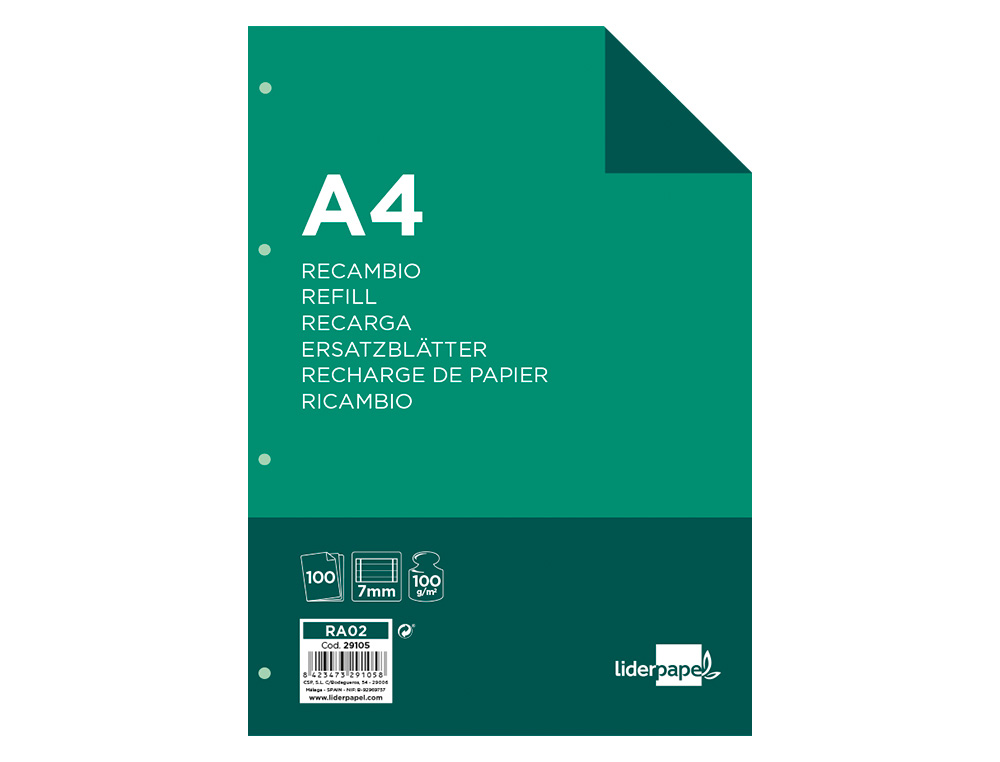 Recambio liderpapel a4 100 hojas 100g/m2 horizontal con doble margen 4 taladros