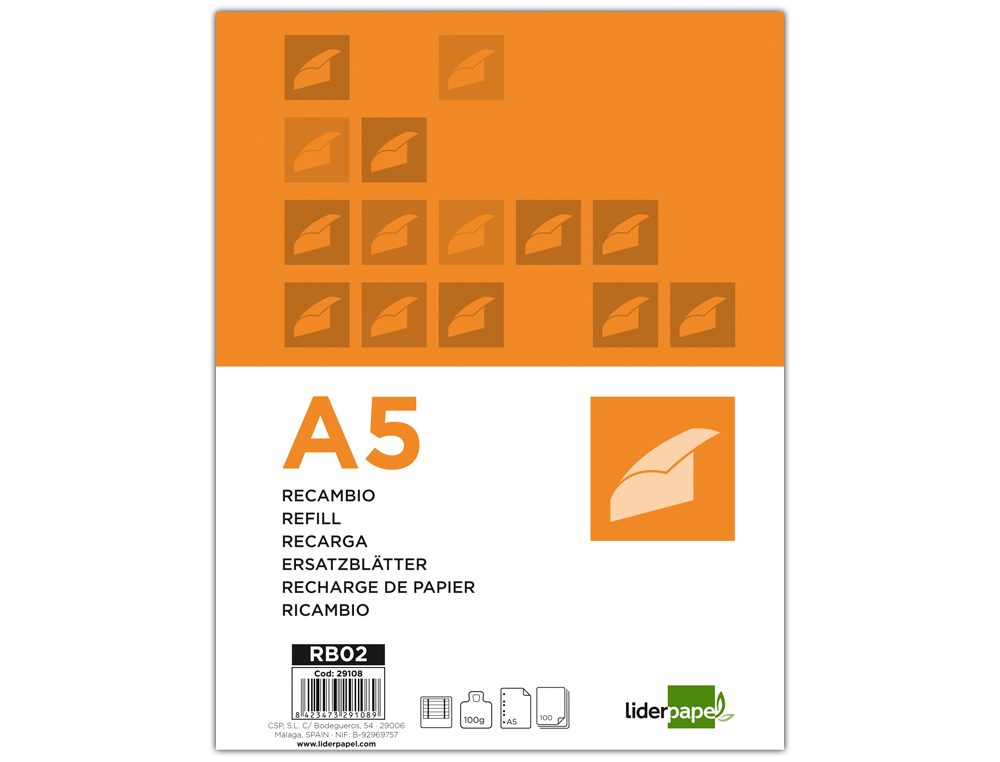 Recambio liderpapel a5 100 h 100g/m2 horizontal con margen 6 taladros