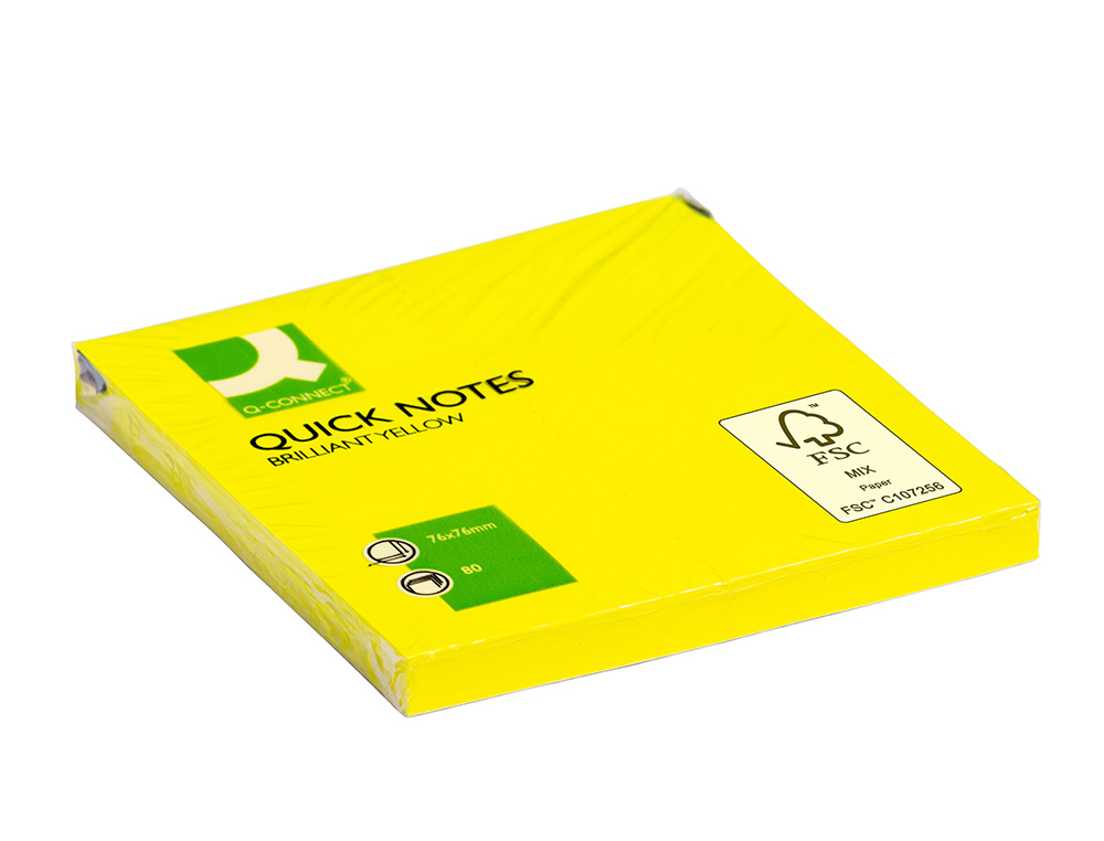 BLOC DE NOTAS ADHESIVAS QUITA Y PON Q-CONNECT 76X76 MM AMARILLO NEON 80 HOJAS