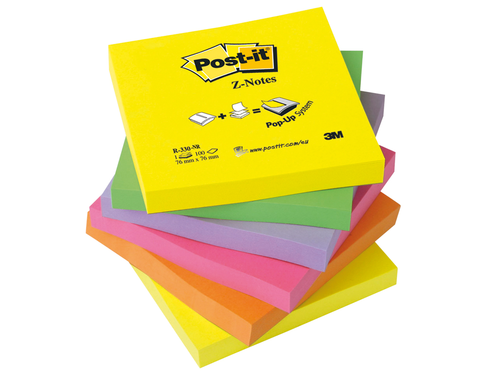 Bloc de notas adhesivas quita y pon post-it 76x76 mm z-notesultra intenso pack de 6 blocs surtido