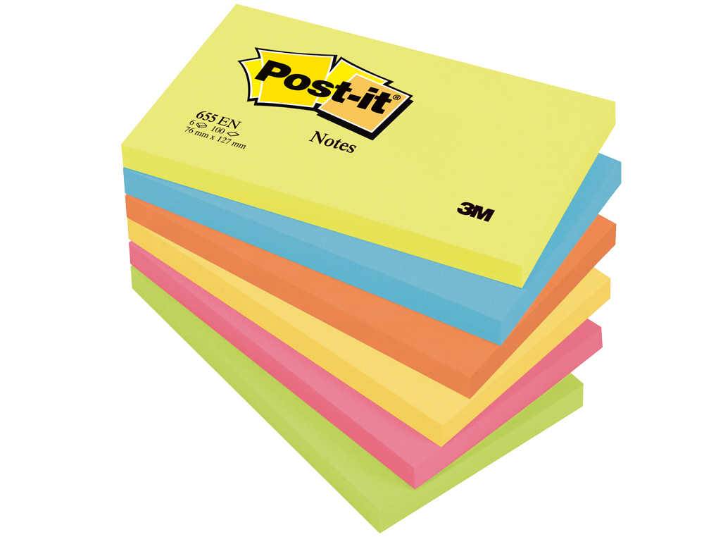 Bloc de notas adhesivas quita y pon post-it 76x127 mm neon pack de 6 blocs surtido