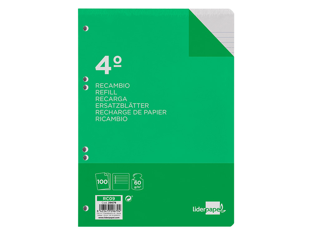 Recambio liderpapel cuarto 100 hojas 60g/m2 horizontal con margen 6 taladros