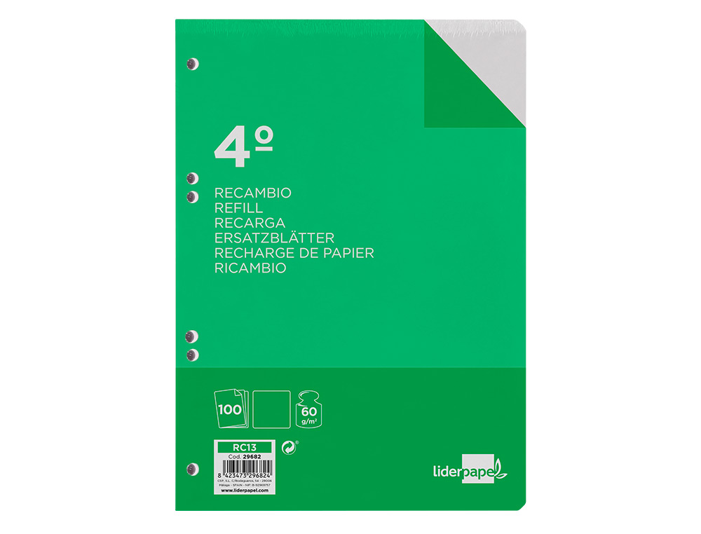 Recambio liderpapel cuarto 100 hojas 60g/m2 liso sin margen 6 taladros