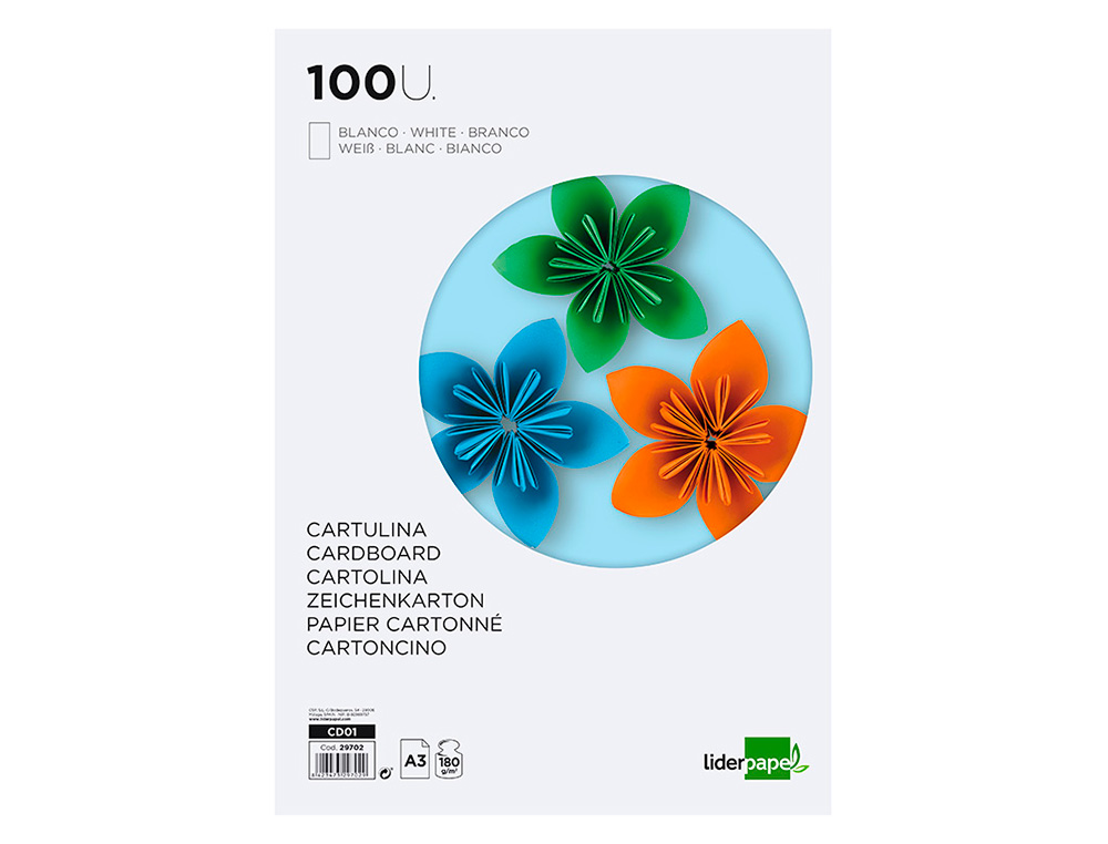 Cartulina liderpapel a3 180g/m2 blanco paquete de 100 hojas