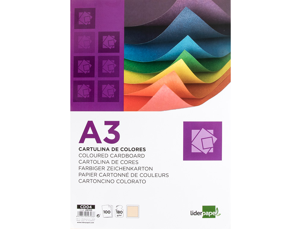 Cartulina liderpapel a3 180g/m2 crema paquete de 100 hojas