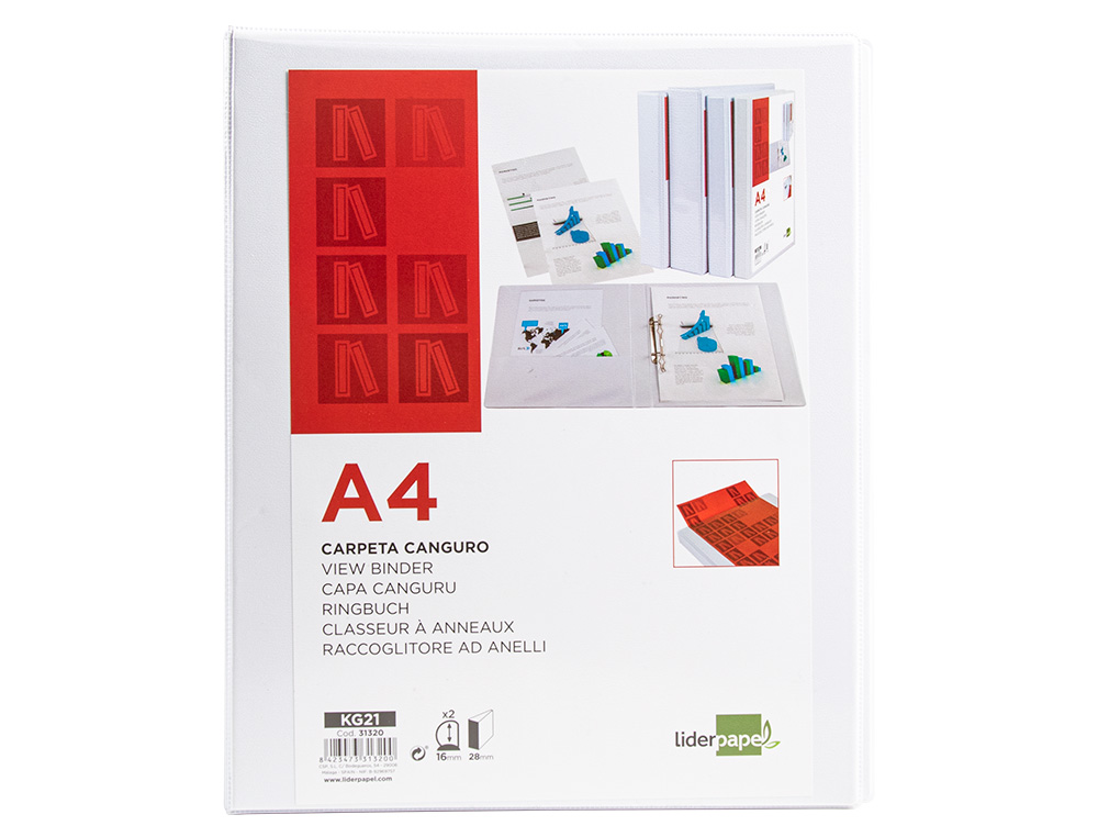 Carpeta canguro 2 anillas mixtas 16mm liderpapel a4 plastico blanca