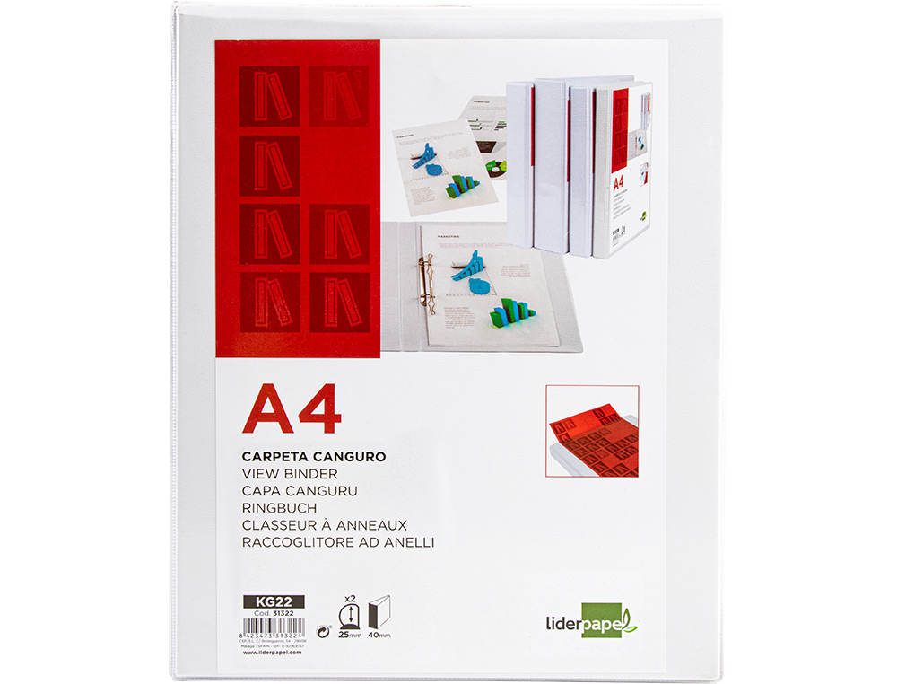 Carpeta canguro 2 anillas mixtas 25mm liderpapel a4 plastico blanca