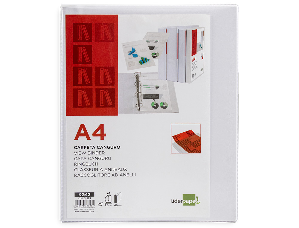 Carpeta canguro 4 anillas mixtas 25mm liderpapel a4 plastico blanca