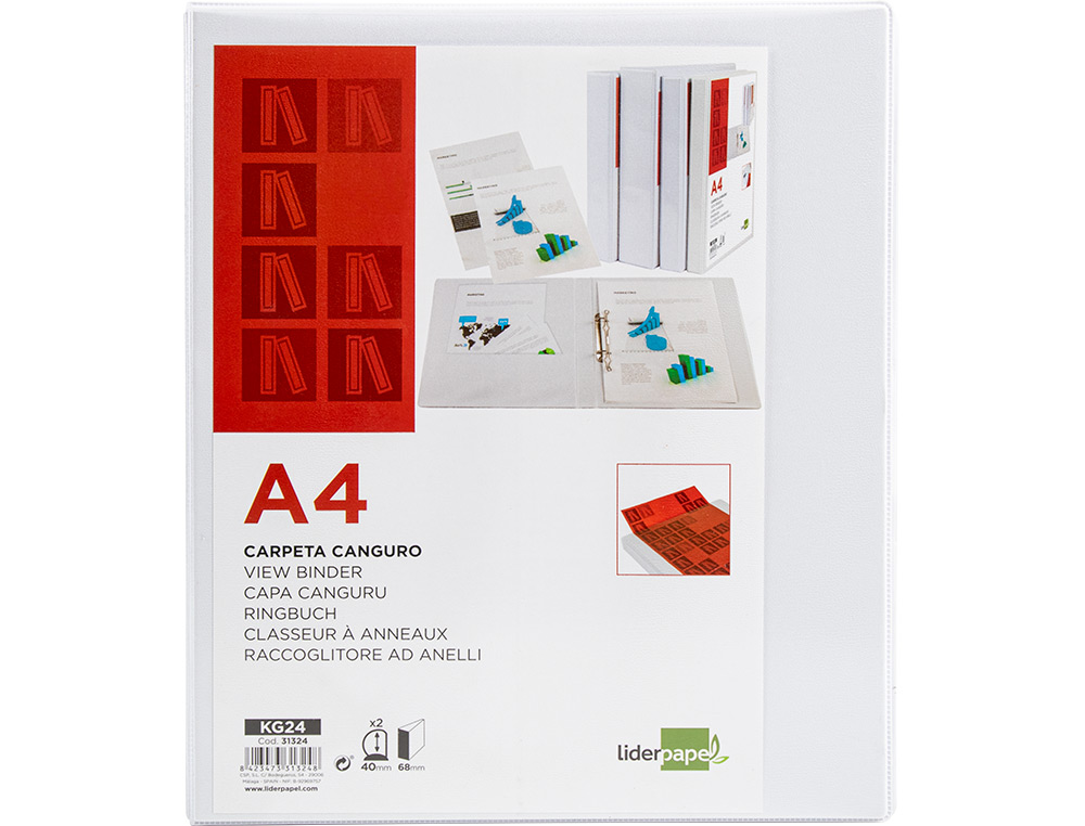 Carpeta canguro 2 anillas mixtas 40mm liderpapel a4 plastico blanca