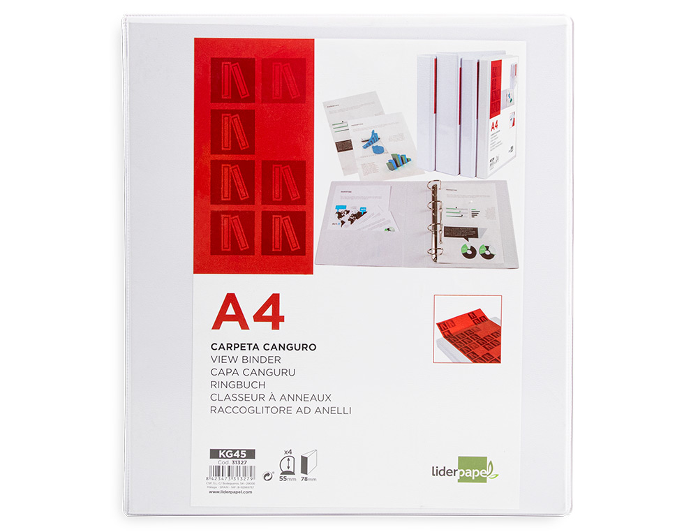 Carpeta canguro 4 anillas mixtas 55mm liderpapel a4 plastico blanca