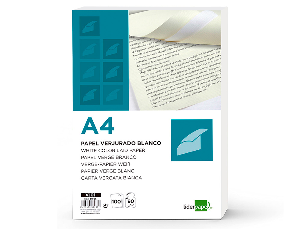 Papel verjurado liderpapel a4 90g/m2 blanco paquete de 100 hojas